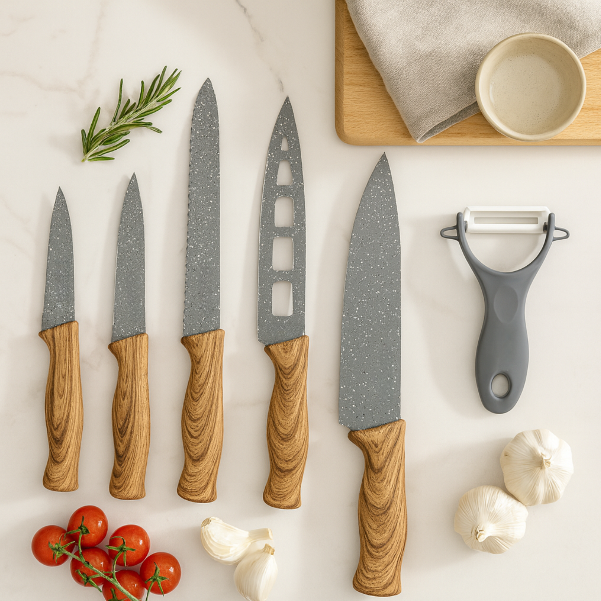 Set de 6 Cuchillos Grises con Pintado en Madera