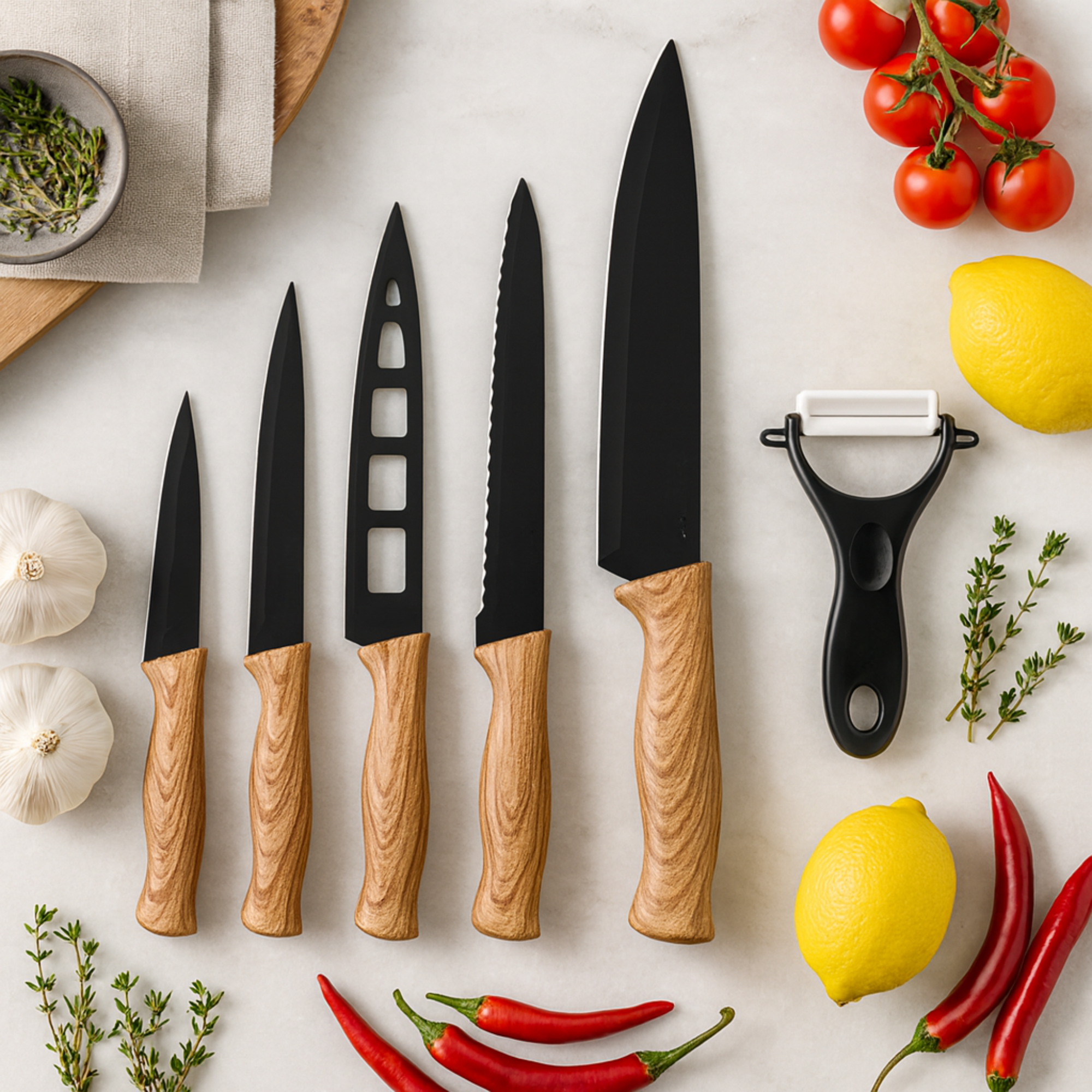 Set de 6 Cuchillos Grises con Pintado en Madera