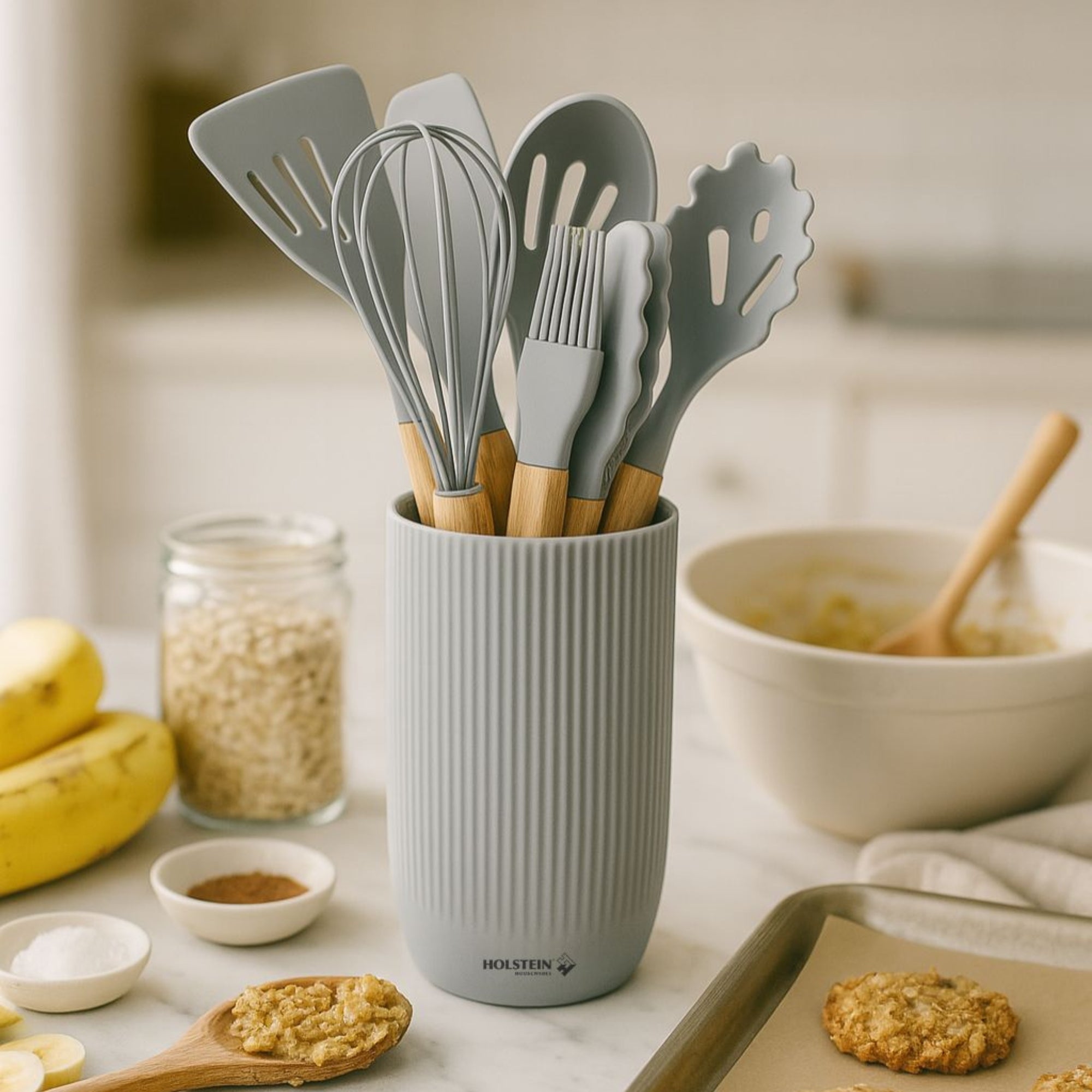 Set de Utensilios 8 Piezas con Base Gris