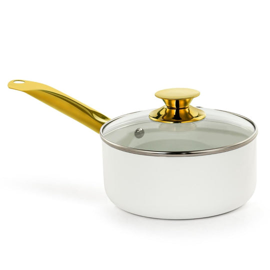 2.5QT CERAMIC NONSTICK SAUCE PAN WHITE &amp; GOLD COLOR