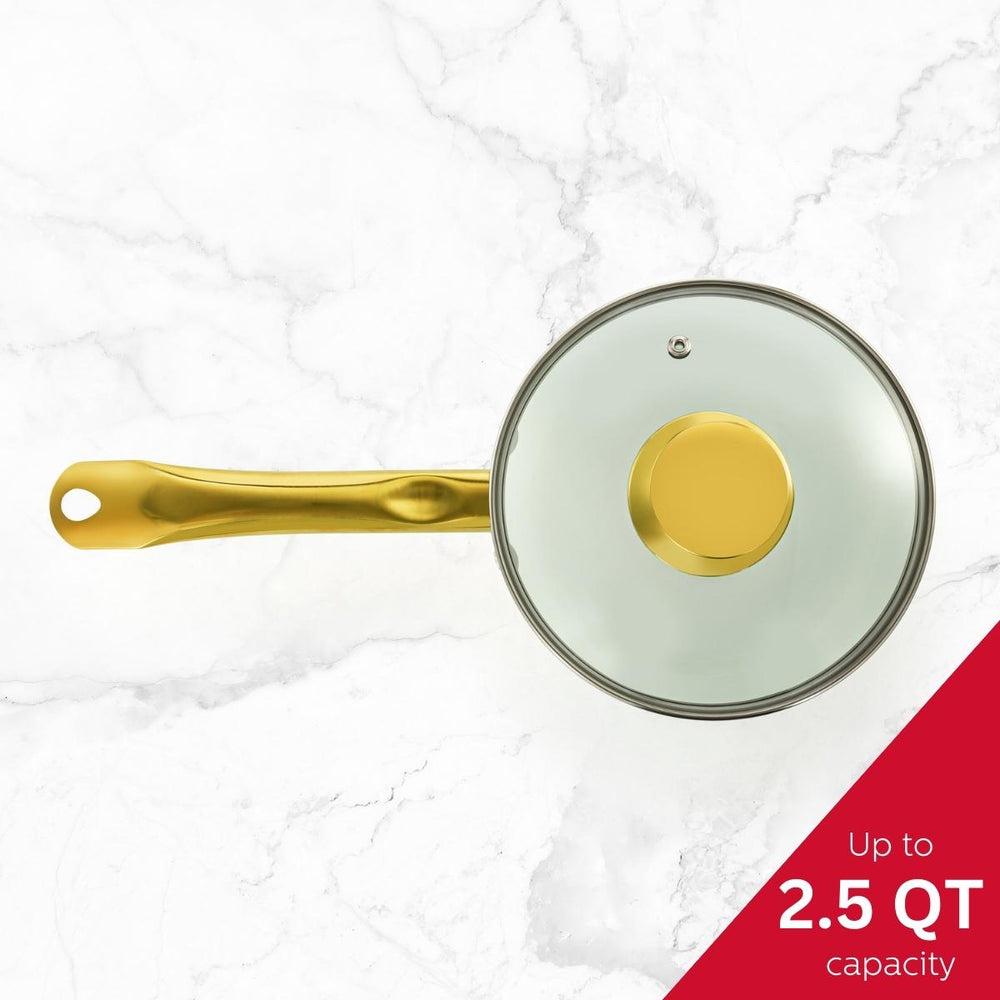 2.5QT CERAMIC NONSTICK SAUCE PAN WHITE & GOLD COLOR