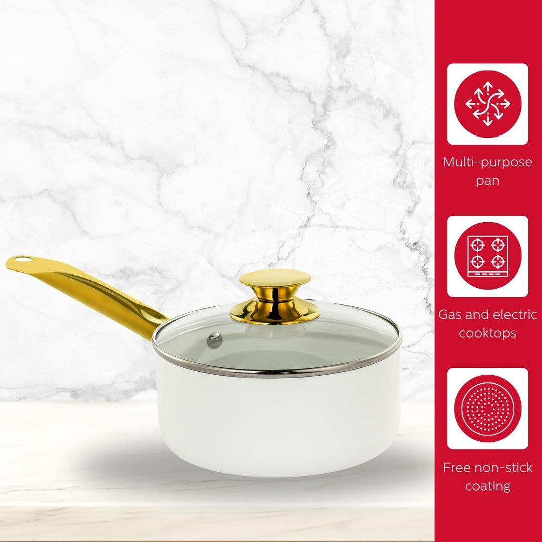 2.5QT CERAMIC NONSTICK SAUCE PAN WHITE &amp; GOLD COLOR