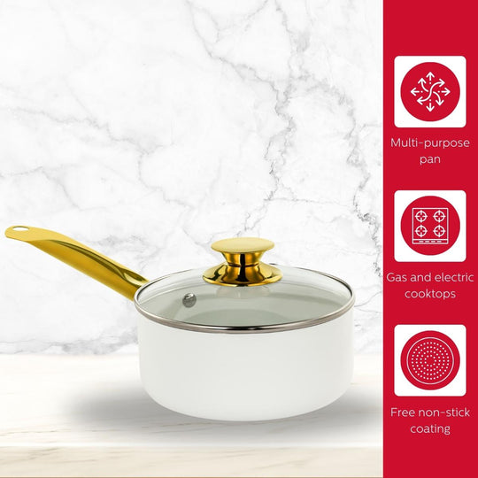 2.5QT CERAMIC NONSTICK SAUCE PAN WHITE &amp; GOLD COLOR