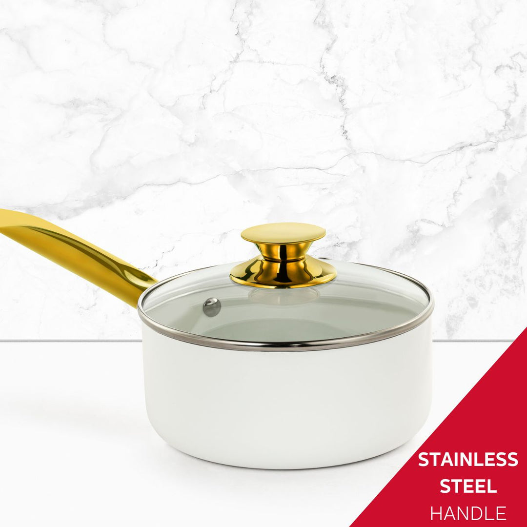 2.5QT CERAMIC NONSTICK SAUCE PAN WHITE &amp; GOLD COLOR