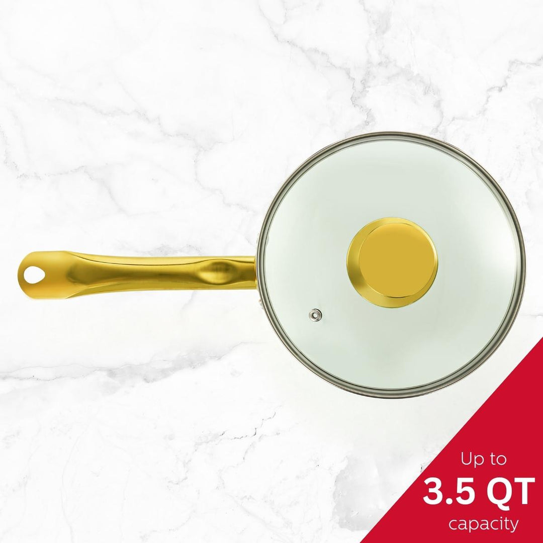 3.5QT CERAMIC NONSTICK SAUCE PAN WHITE &amp; GOLD COLOR