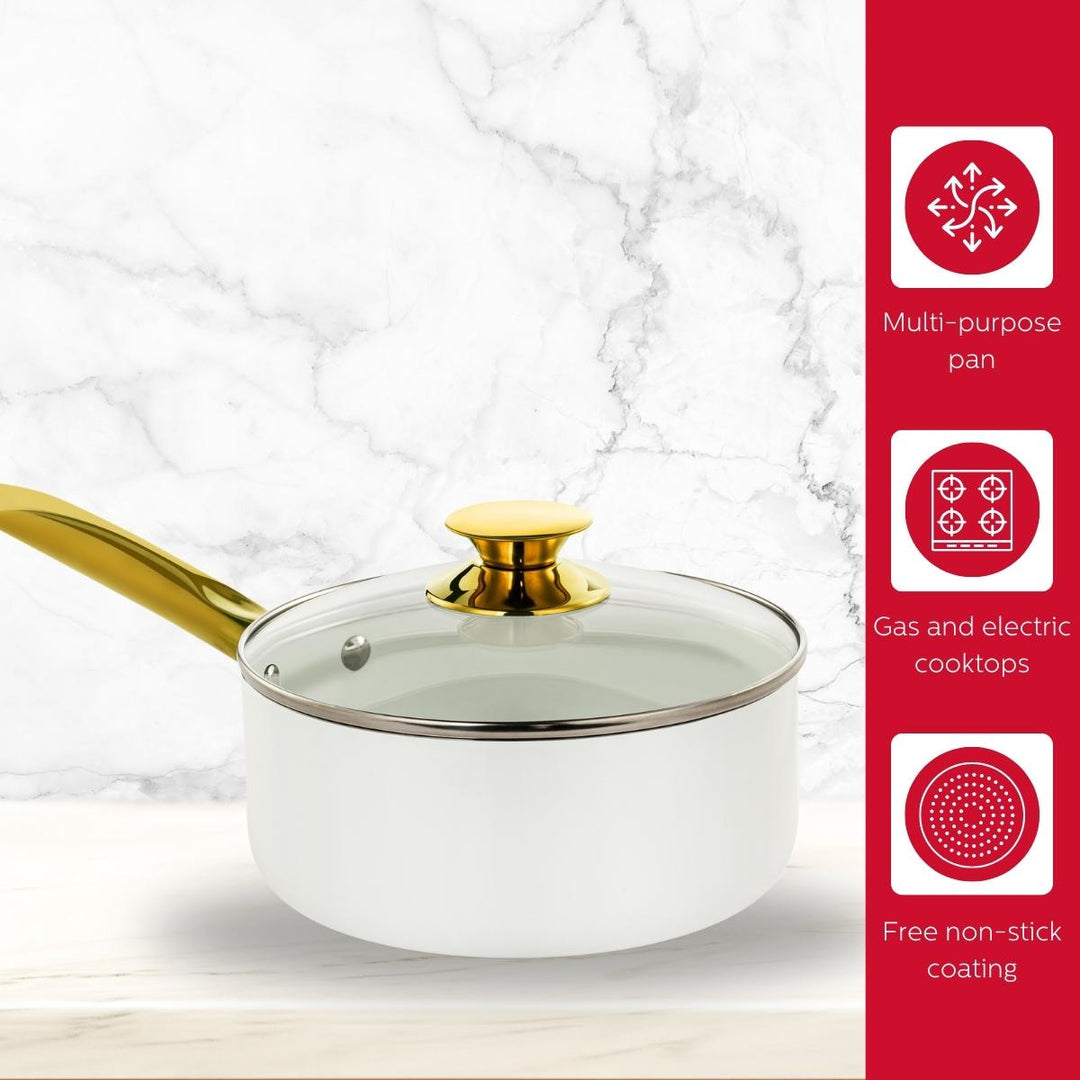 3.5QT CERAMIC NONSTICK SAUCE PAN WHITE &amp; GOLD COLOR