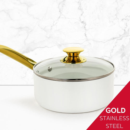 3.5QT CERAMIC NONSTICK SAUCE PAN WHITE &amp; GOLD COLOR