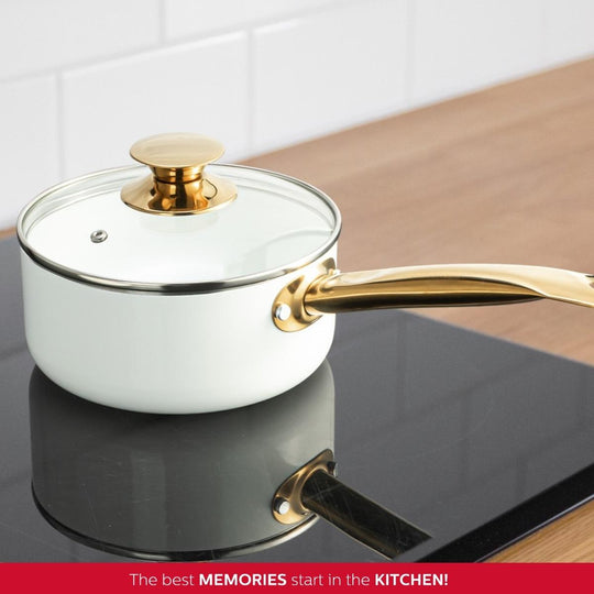 3.5QT CERAMIC NONSTICK SAUCE PAN WHITE &amp; GOLD COLOR