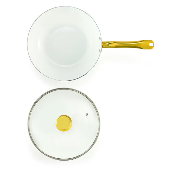 12-IN CERAMIC NONSTICK WOK WHITE &amp; GOLD COLOR