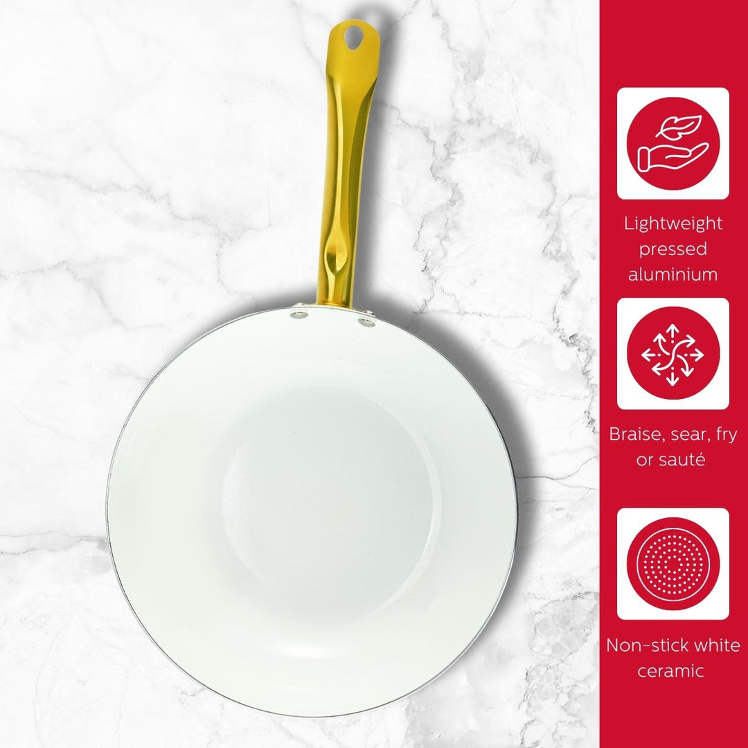 12-IN CERAMIC NONSTICK WOK WHITE &amp; GOLD COLOR