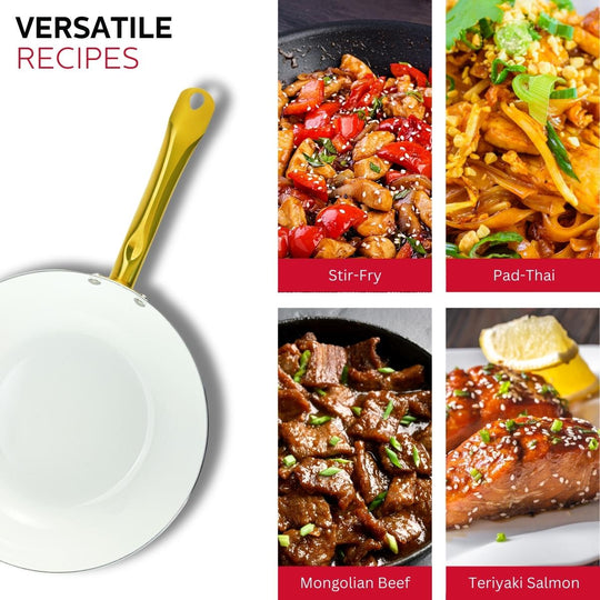 12-IN CERAMIC NONSTICK WOK WHITE &amp; GOLD COLOR